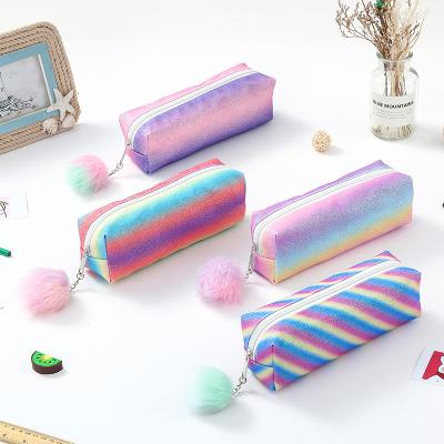 China Fashion\Creative Cute Fur POM Rainbow Pencil Case Rainbow Glitter Fake Kids Pocket Pencil Case School Stationery Wholesalers Comfortable\Durable for sale