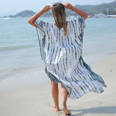 China Neck Plus Size Summer Wear Bow Printing Swimwear Swimsuit Beach Cover Up Fashion Beach Wear for sale