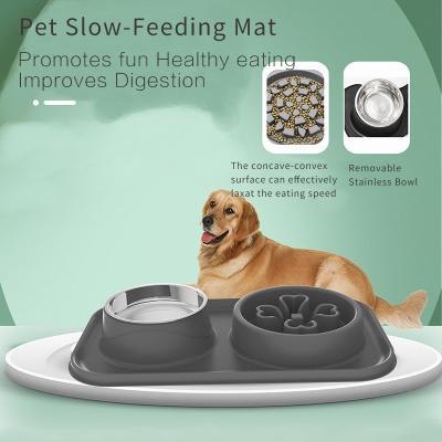 China Customized Travel Auto Outdoor Sublimation Feeder Food and Water Bowl No Puddle Slow Silicon Mat Stainless Steel Pet Dog Bowl Set for sale