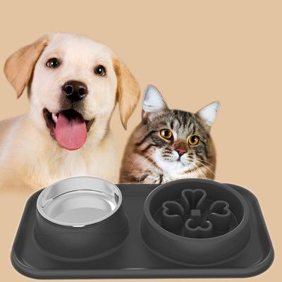 China New Arrival Silicone Pet Cat Dog Water Slow Feeder Viable Food Bowl Stainless Steel Double Dog Travel Rolls Feeders for sale