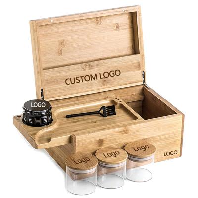 China Hot Sale Herb Wood Stash Box Handmade Logo Eco-friendly Laser Natural Bamboo Stash Box With Roll Tray for sale