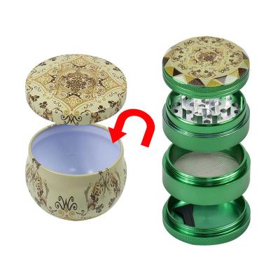 China Morden/Popular Custom Smoke Grinder Hand Held Portable Aluminum Alloy Top Printing Diamond Texture Herb Tobacco Grinder With Stash Pot for sale