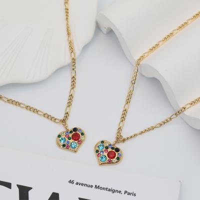 China Vintage Environmental Friendly Gold Plated Colorful Stainless Steel Diamond Rhinestone Heart Shape Pendant Necklace For Women for sale