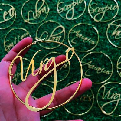 China CLASSIC Custom Horoscope Name Tag Gold Plated Stainless Steel Large 80mm Jumbo Zodiac Sign Circle Earrings Non Fade Jewelry For Women for sale