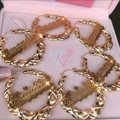 China High quality 14k 18k gold plated xoxo heart shape custom name circle bamboo earrings wholesale for sale