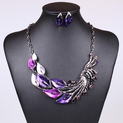 China Retro necklace Color Enamel plus drill leaves Sweater chain Leaves short-chain Set Wholesale  MD1413 for sale