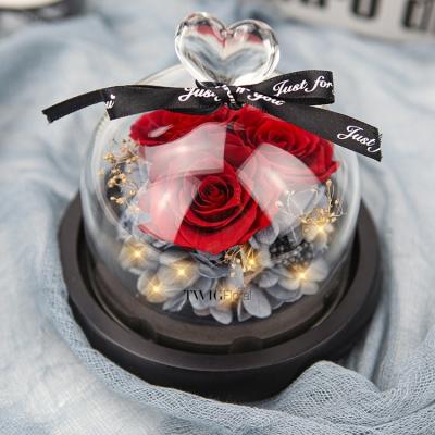 China Real Touch High Quality Rose In The Glass Dome Forever Long Lasting Preserved Rose In The Heart Shaped Glass Dome for sale