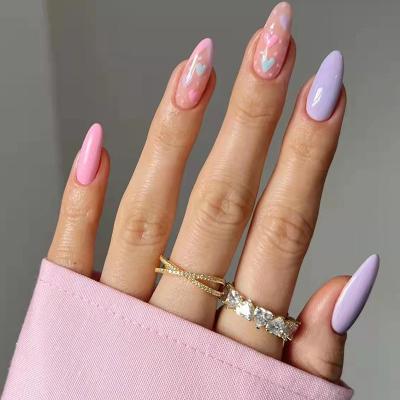 China Easy Apply New Color 24pcs 2022 Ins Style Pure Almond French Purple Love Nail Art Press On Nails for sale