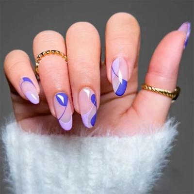 China Easy Apply 24pcs Global Ins Style Almond Purple French Blue Color Matching Artificial Nails for sale