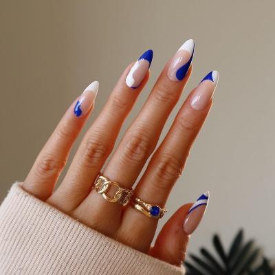 China Easy Apply Ins Style Almond White Hands Global Hot Selling French Blue False Nails 24pcs for sale