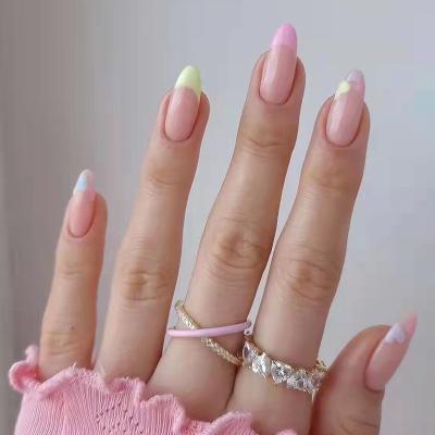 China Easy Apply New 24pcs 2022 Style Beautiful Girl's Institute Of Statistics French Almond Global Warm Macaron Heart Color Fake Nails for sale