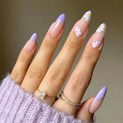 China Easy Apply 2022 New Soft Purple Taro Flowers Global Hot Selling French Stiletto Artificial Nails 24pcs for sale