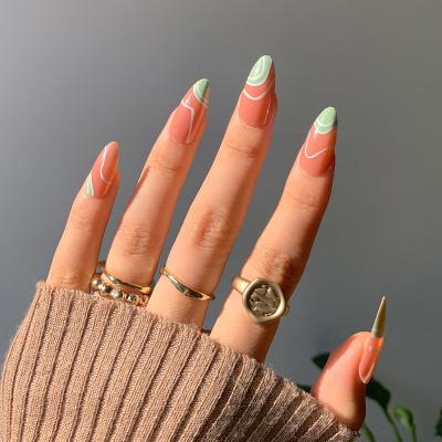 China Easy Apply 24pcs 2022 New Variety Of Global Hot Selling French Styles Almond Abstract Green Line Press On Nails for sale