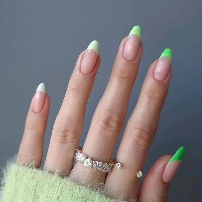 China Easy Apply New Variety 24pcs 2022 Global Styles Almond Hot Selling French Green Artificial Nails for sale