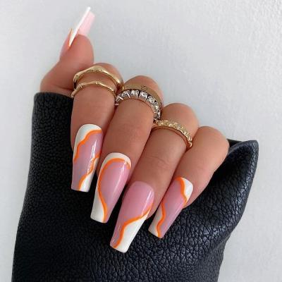 China Easy Apply 2022 New Global Hot Selling Long Orange French Coffin Solid Color False Nails 2022 for sale