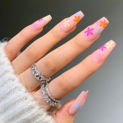 China Easy Apply 24pcs Coffin Sun Flower Colorful Gel Nail Tips 2022 Global Hot New for sale