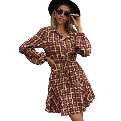 China Breathable Women's Clothing Dress Women Sheath Long Plaid Print Drawstring Waist Button Front Shirt Dress for sale