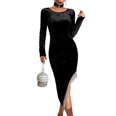 China Breathable Fashion Sexy Inside 2022 Winter Velvet Neck Women's Tassel Dress Casual Round Long Sleeve Dresses for sale