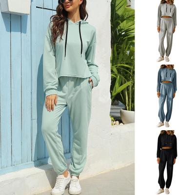 China Autumn Fitness Apparel Cotton Fleece Wear Women's Breathable Hoodies And Tracker Spring Cropped Sweatshirt Set French Terry 2pc Tracksuits for sale