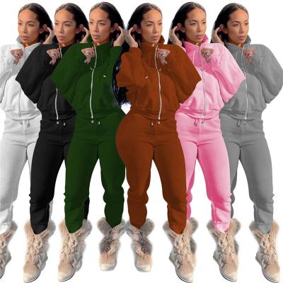 China Breathable Women Shear Sweatsuit Set Winter Stand Collar Short Jacket Elastic Waist Sweatpants Women Zip Up Fleece Jacket And Pants Sets for sale