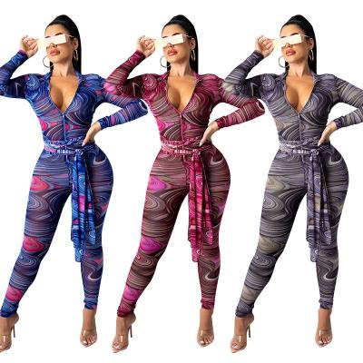 China 2021 Dye QUICK DRY Autumn Ties Slim Casual One Piece Overalls Mesh Long Sleeves Jumpsuit For Women Rompers Jumpsuits And Overalls Rompers for sale