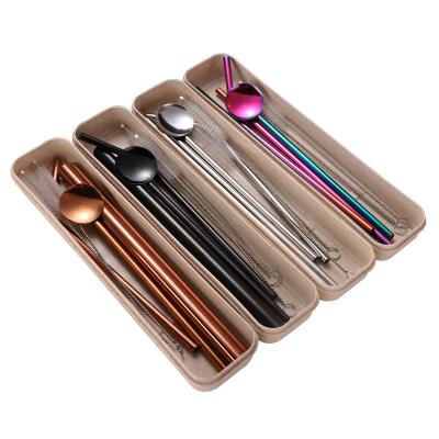 China Wholesale 304 Stainless Steel Drinking Straws Stirrer Spoon Set Eco-friendly Viable Reusable Metal Straw Set for sale