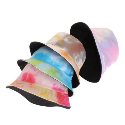 China Sun Protection 2021 New Tie Dye Bucket Hat Color Block Printed Cotton Bucket Hats Travel Sun Protection Hat for sale