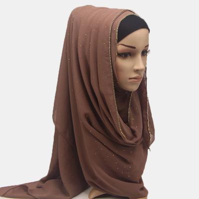 China New High Quality Polyester Pearl Chiffon Inlaid Diamond Turban Long Style Ladies Hijab Scarf Shawl for sale