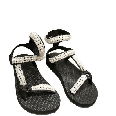 China Stylish Steel Toe Ladies Beads Slippers Black Magic Strip Sandal EVA Outdoor Style for sale