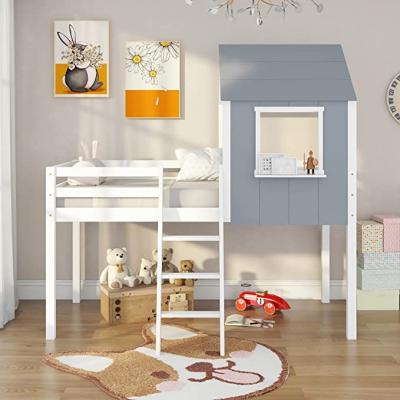 China Modern Kids Cabin Loft Bed Frame Wooden Bed Frame Mid Sleeper With Canopy And Treehouse Ladder for sale