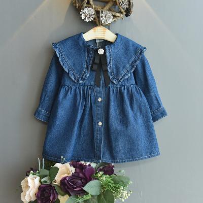 China Autumn Stylish Long Sleeve Kids Washable Girls Denim Dresses Design With Triangle Lapel Bow for sale