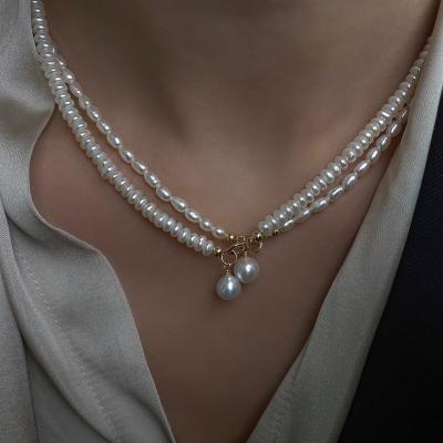 China zhitengManufacturer FASHIONABLE Wholesale Baroque Pearl 14K Gold Double Layered Wear Necklaces Natural Handmade Beaded Clavicle Necklaces for sale