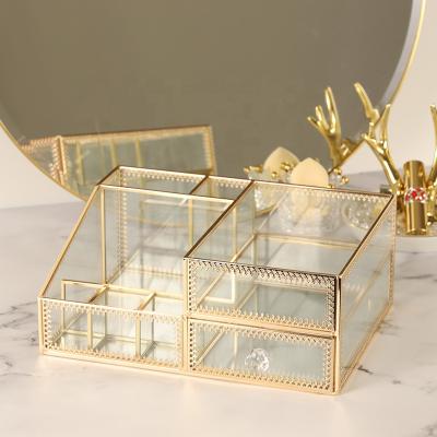 China Best Viable Selling Vintage Gold Metal Makeup Organizer Glass Cosmetic Organizers for sale