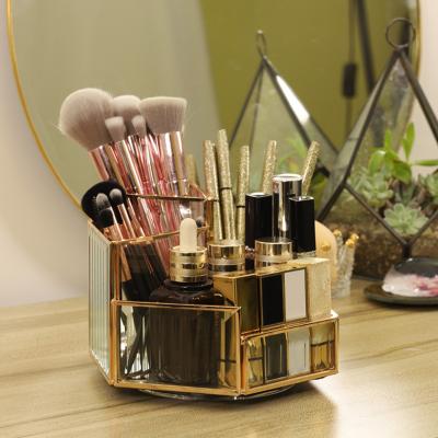 China Amazon Best Selling Viable Beauty Storage Tray With Slots For Cosmetic Lipstick Revolving Gold Makeup Organizer for sale