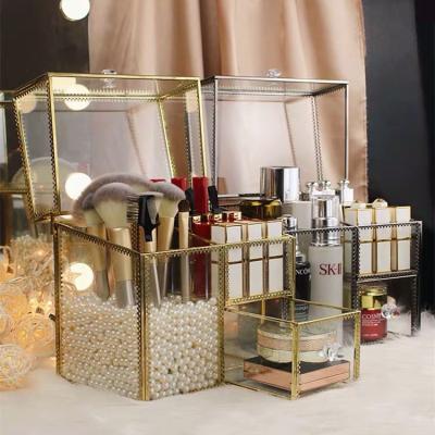 China Viable Brass Lace Frame Jewelry Box Makeup Lipstick Storage Box Organizer With Lid Makeup Organizer for sale