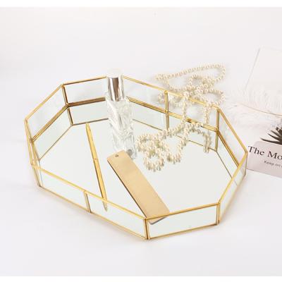 China Modern Home Gold Copper and Glass Tray Mirror Home Decor Serving Tray Home Decor Table Centerpiece Vanity Tray for sale