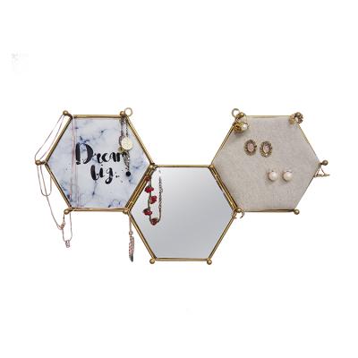 China Minimalist Custom Design Mirror Wall Decor Metal Glass Hexagon Shelves Hanging Home Decoration Wall Hanging for sale