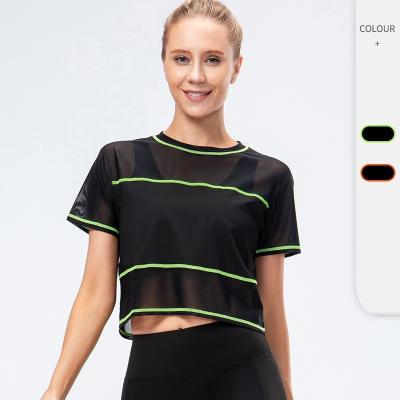 China Fitness Breathable Yoga Exercising Running Clothes Mesh Breathable Tops Loose Women Short Sleeve Sportswear for sale