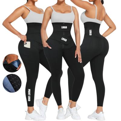 China Custom Logo Breathable Breathable 2 in 1 Compression Neoprene Waist Trainer Belt Yoga Pants Tummy Control Waist Trainer Leggings Pants for sale