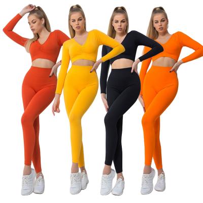 China Wholesale Custom Made Breathable Yoga Yoga Set Autumn Long Sleeve Crop Top Logo Women Tracksuit Plain Color Two Piece Set for sale