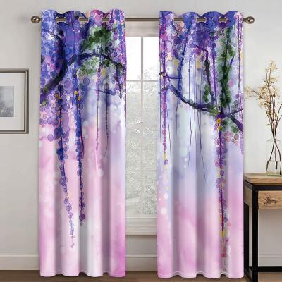 China High Quality Ready Made Purple Blackout Flower Green Leaf Design Pink Blackout Curtains Panels For Living Room for sale