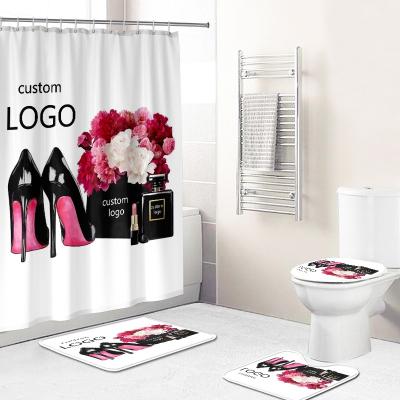 China Sustainable Wholesale Famous Designer Brands Logo 3D Shower Curtains Bathroom Sets With Shower Curtain And Covers for sale