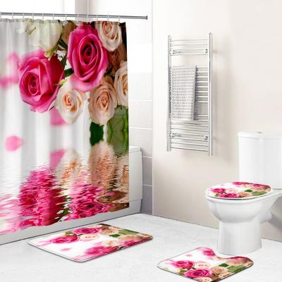 China Sustainable Red Rose Series Shower Curtain Bathroom Sets Shower Curtain Set 4 Pcs Red Curtains For Bathroom for sale