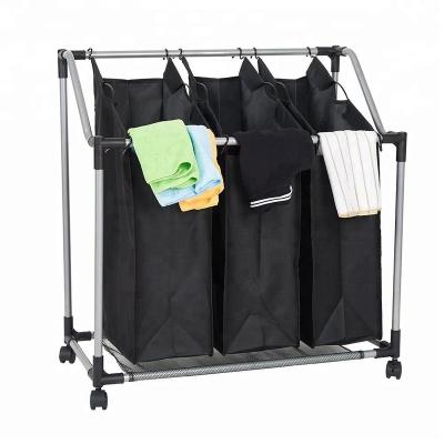 China High Quality Folding Basket 3-Bag Trolley Rolling Laundry Heavy Duty Sorting Sorter for sale