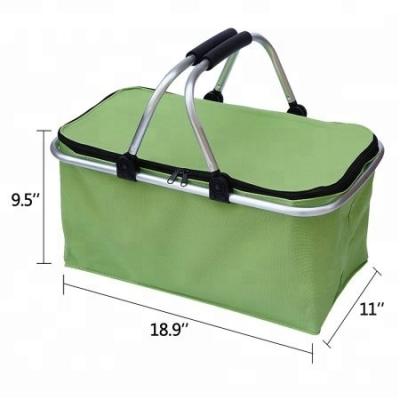 China Durable 600 Polyester Aluminum Frame Folded Collapsible Double Handle Picnic Shopping Basket for sale