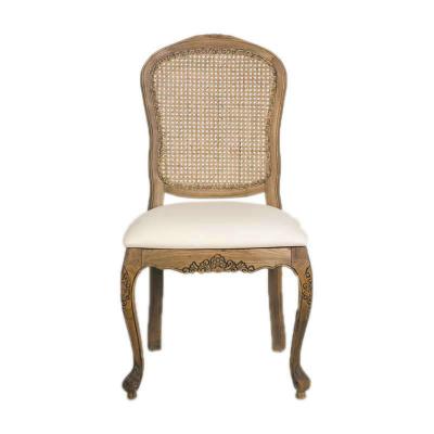 China French Style Cooling Rustic Solid Oak Wood Carved Dining Chair With Rattan Back for sale