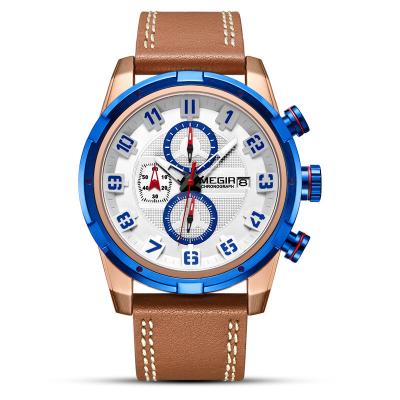 China MEGIR Day/Date Chronograph Leather Strap Sports Watch Men Quartz Clock Fashion Wristwatch Creative Luminous Relogio Masculino 2082 for sale