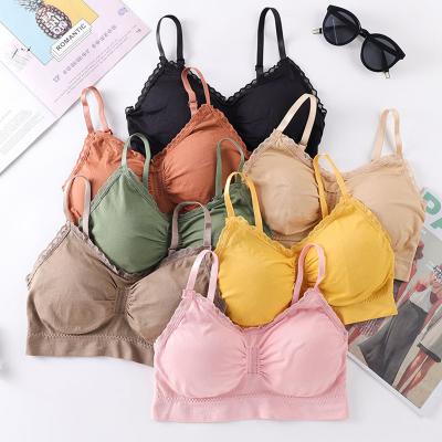 China Wholesale One Piece Sexy Ladies Bra Underwear Women Wire Free Lingerie With Lace Trimmed Strappy Back Radio With Bra Cup Nylon Spandex for sale