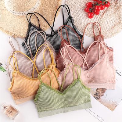 China QUICK DRY Mexico Women Cross Back Bra With Removable Pads Wire Free Lace Night Bra Beach Top Daily Wear Grid Bra Top for sale