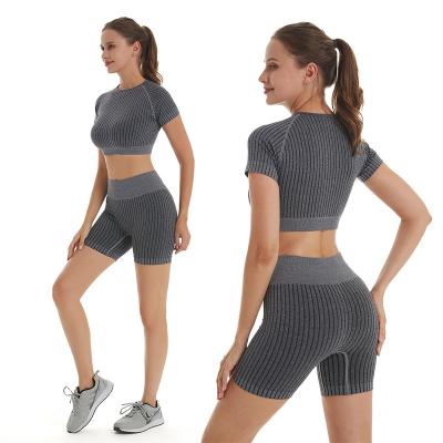 China Breathable 2 Piece Short Sleeve &High Waisted Women's Yoga Set Workout Equipment Shorts ODM Sport Fitness OEM Tight Gym Sportswear for sale